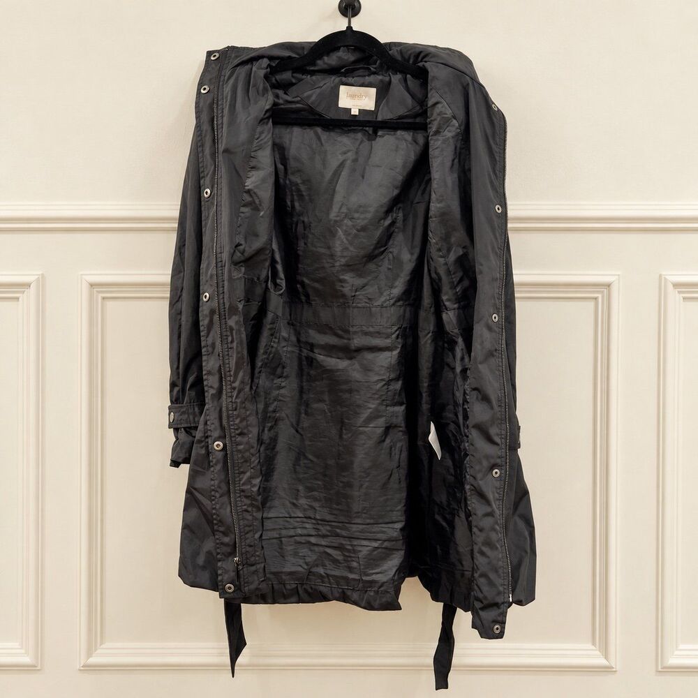 {Laundry by Shelli Segal} Black Hooded Belted Raincoat M - Picture 5 of 5